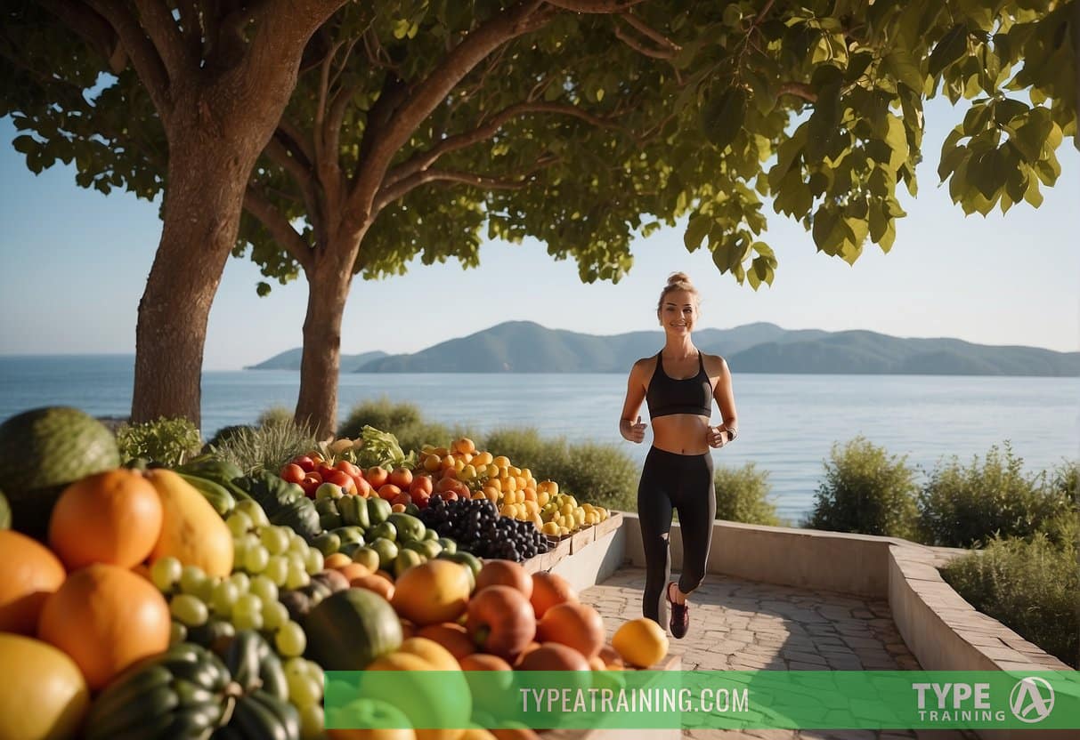 A person exercising outdoors, surrounded by fresh fruits and vegetables, with a clear sky and a calm body of water in the background