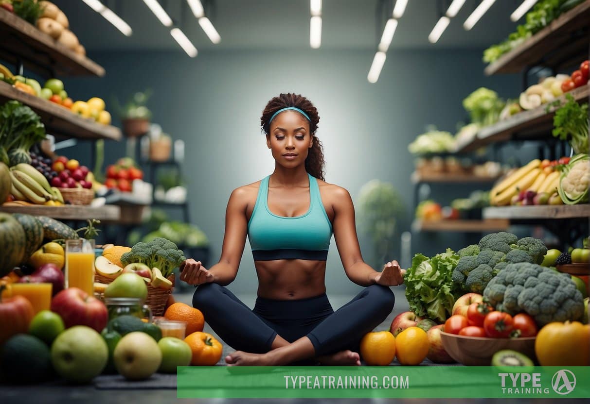 A person exercising surrounded by healthy food, with a brain and heart connected by a line, symbolizing the link between fitness, nutrition, and mental health