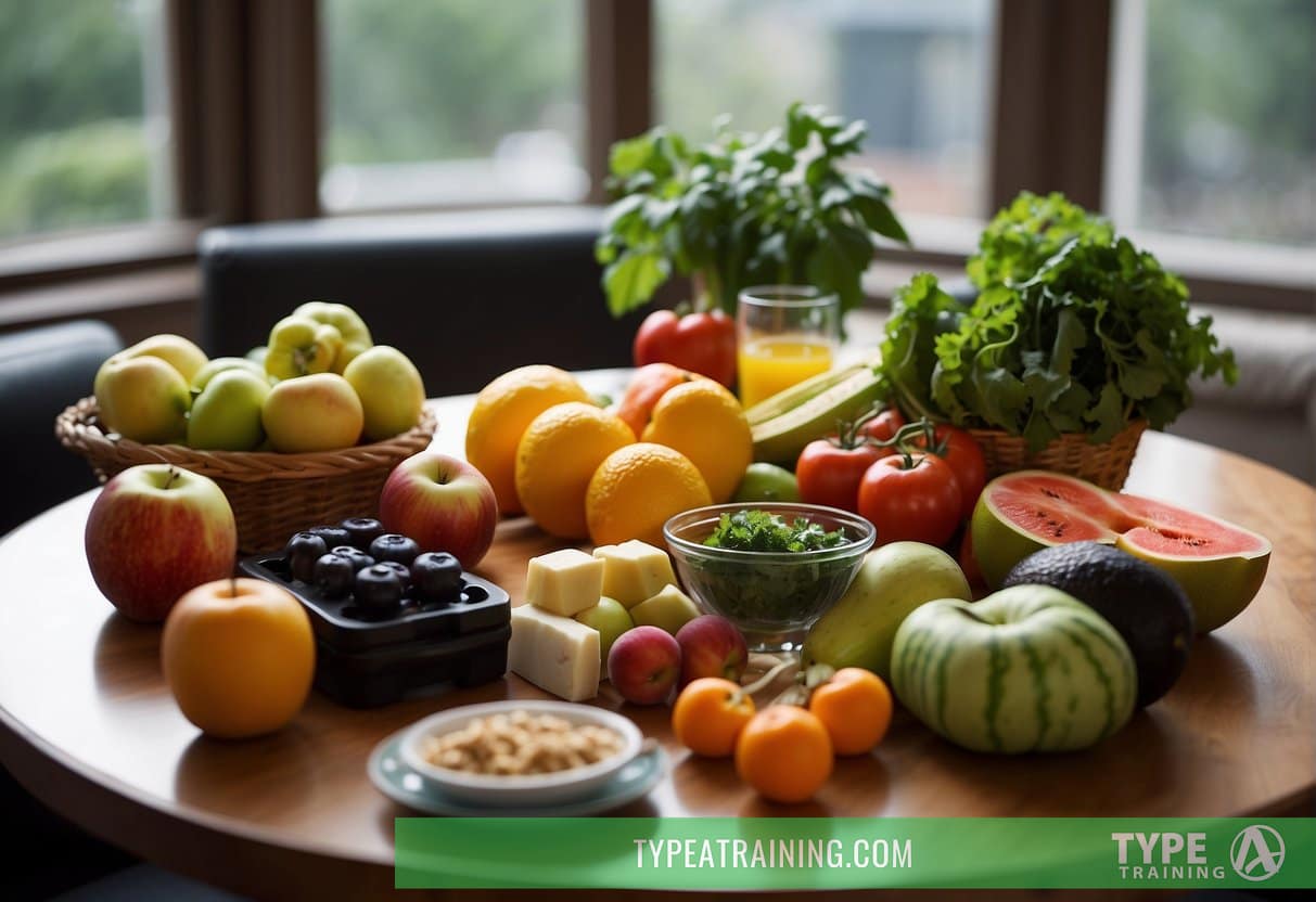 A person sitting at a table with a balanced meal, surrounded by fresh fruits and vegetables. A yoga mat and dumbbells are nearby, symbolizing the connection between fitness, nutrition, and mental health