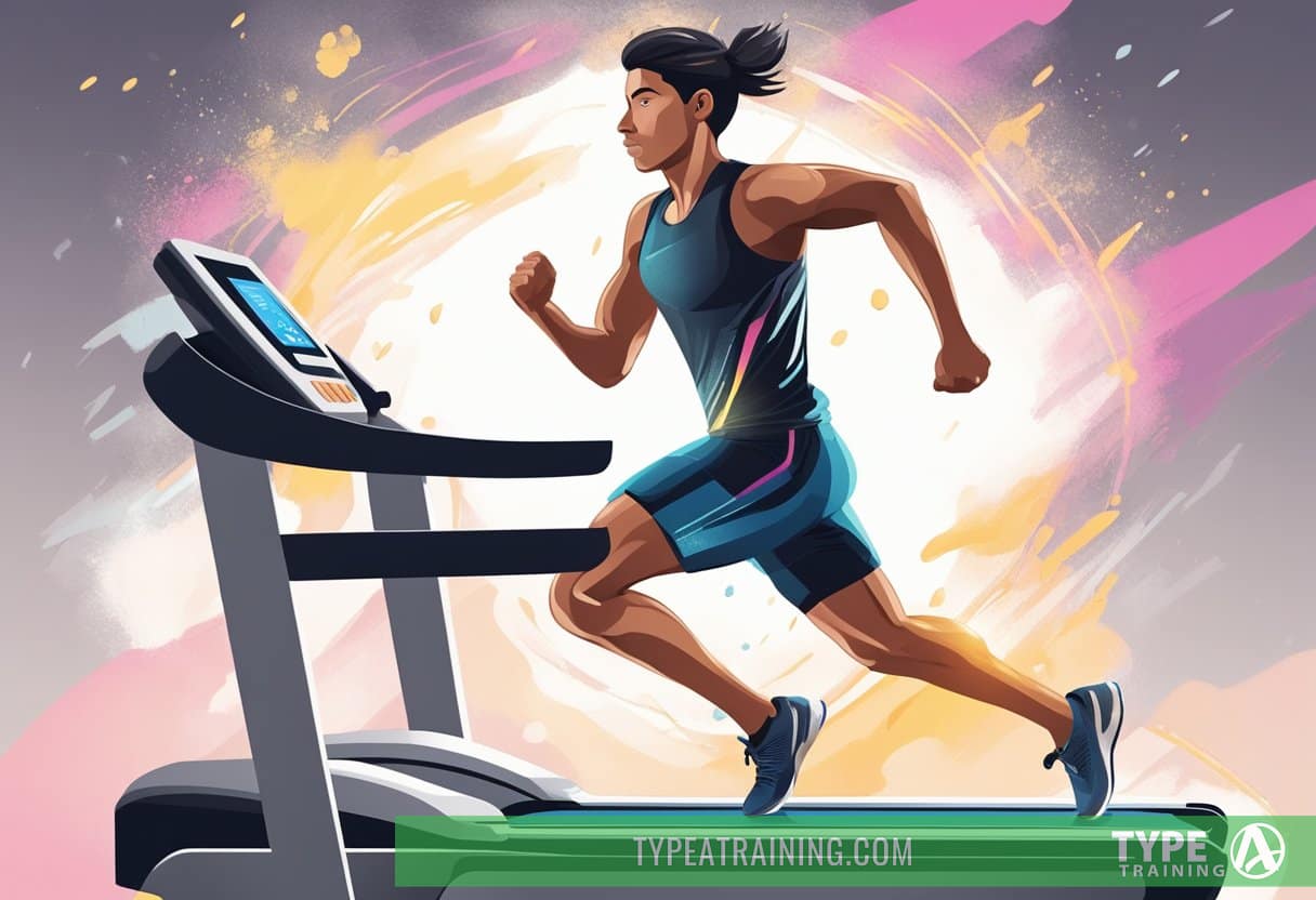 A person is running on a treadmill at a fast pace, with sweat dripping down their face. The background shows a stopwatch with the time ticking away, indicating the high-intensity nature of the workout