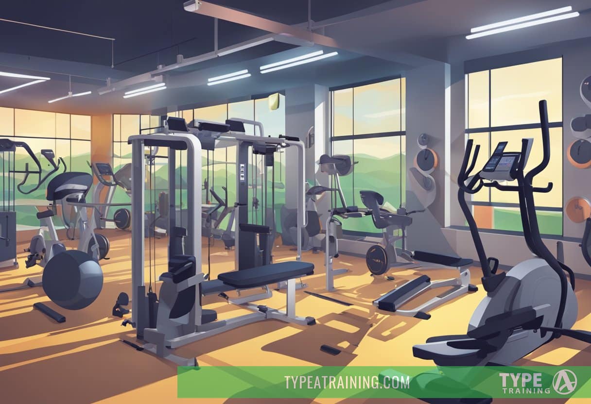 A gym setting with various equipment, timers, and people in motion, representing different types of HIIT workouts