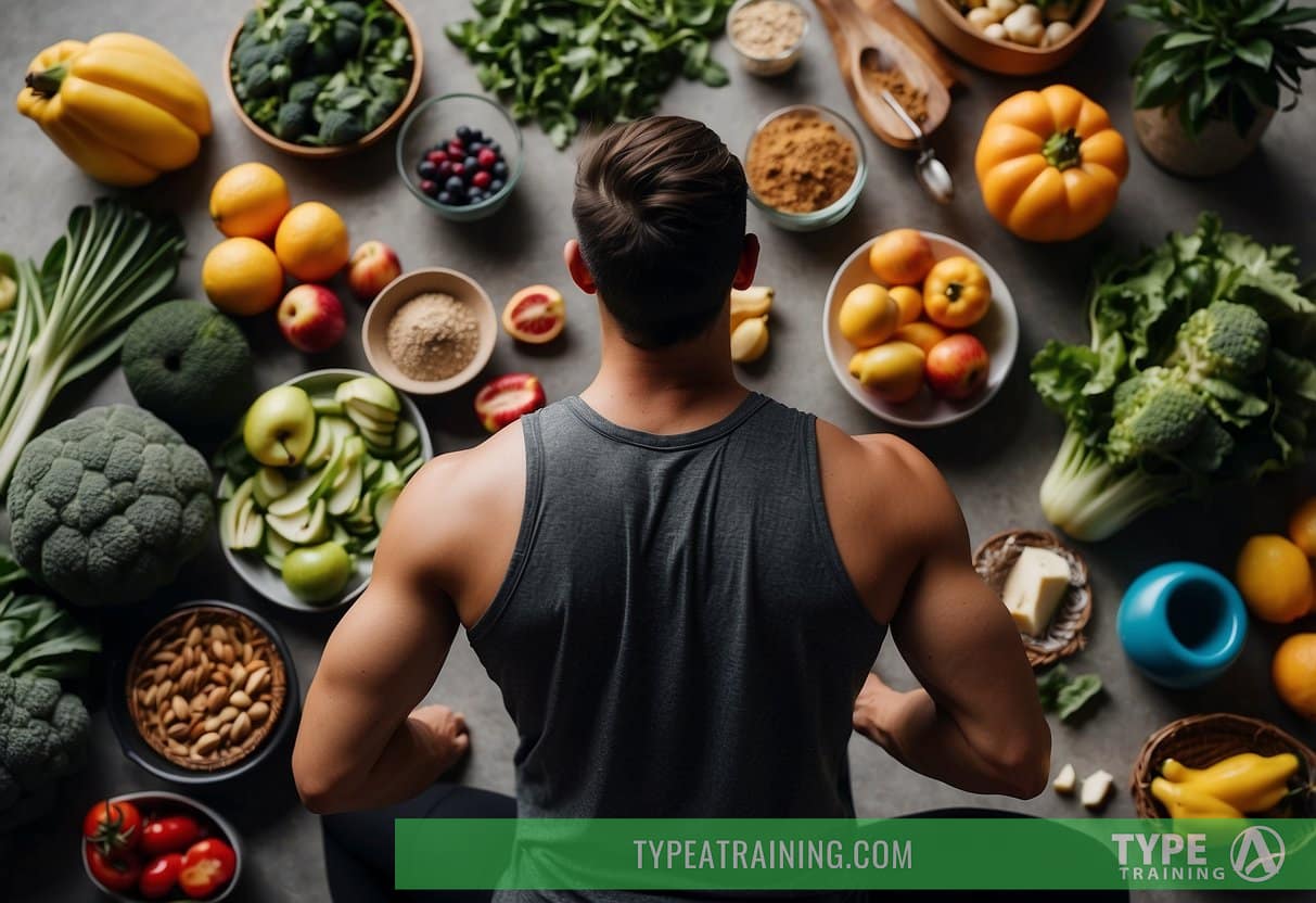 A person is doing Tabata workouts, surrounded by healthy food and recovery tools