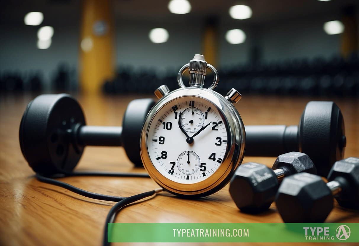 A stopwatch sits on a gym floor surrounded by various workout equipment, including dumbbells, kettlebells, and a jump rope