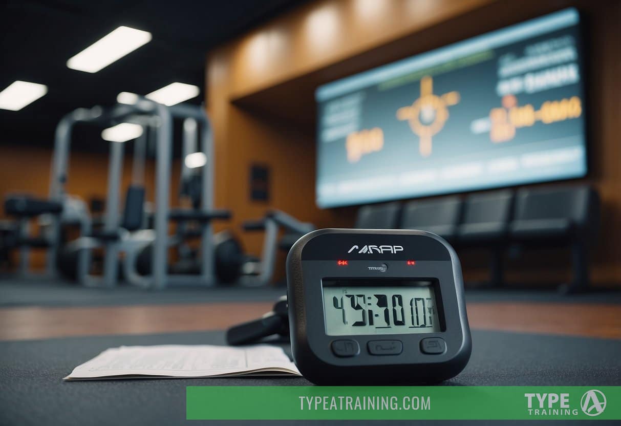 A timer is set on a gym floor, with exercise equipment scattered around. A whiteboard displays the AMRAP workout details