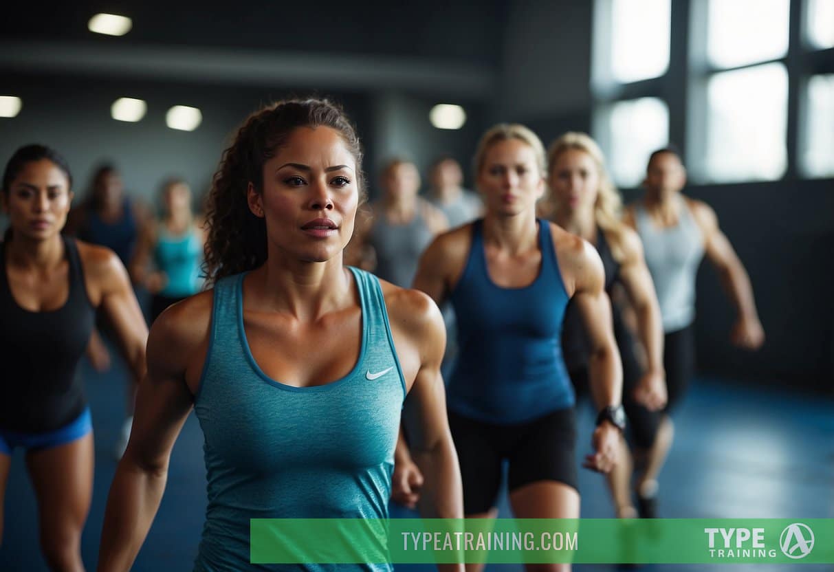 A group of people performing high-intensity interval training exercises in a gym, with intense movements and sweat