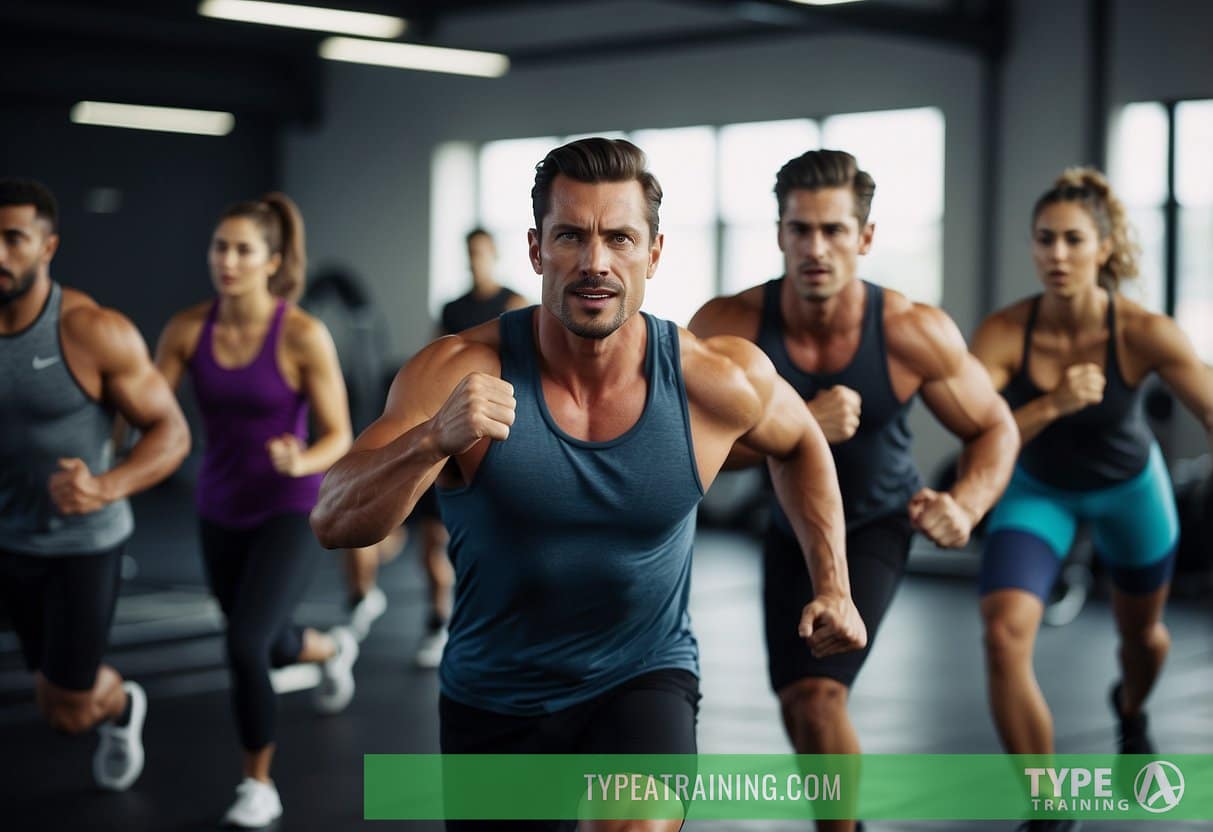A group of people performing high-intensity interval training exercises in a gym setting, with energetic movements and sweat-inducing activities