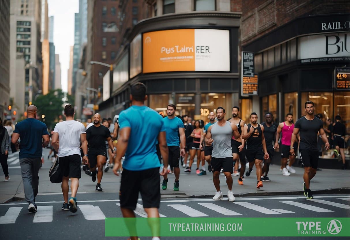 A bustling city street with a diverse mix of people, fitness facilities, and signs advertising personal training services in New York City