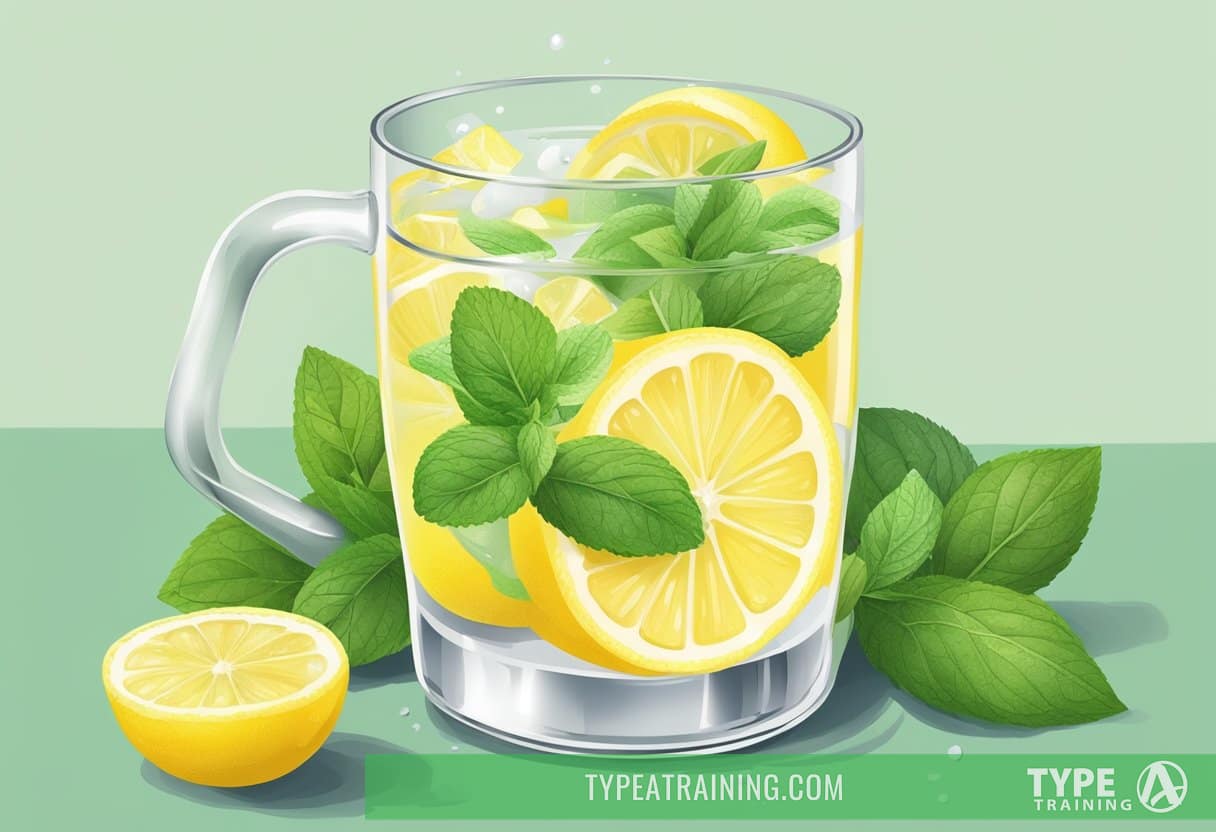 A glass of lemon water surrounded by fresh lemons and a sprig of mint