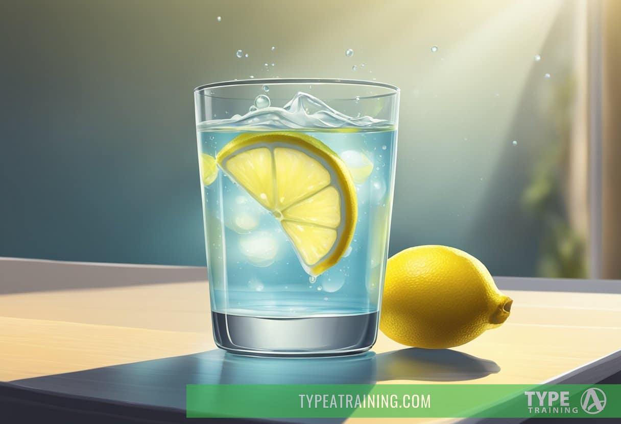 A glass of lemon water sits on a table, condensation forming on the outside. A lemon slice floats inside, infusing the water with a refreshing citrus scent