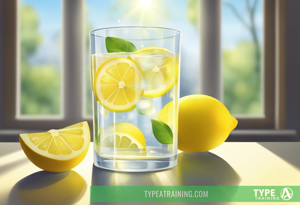 A glass of lemon water sits on a table, surrounded by fresh lemons. The sunlight filters through the window, casting a warm glow on the refreshing drink