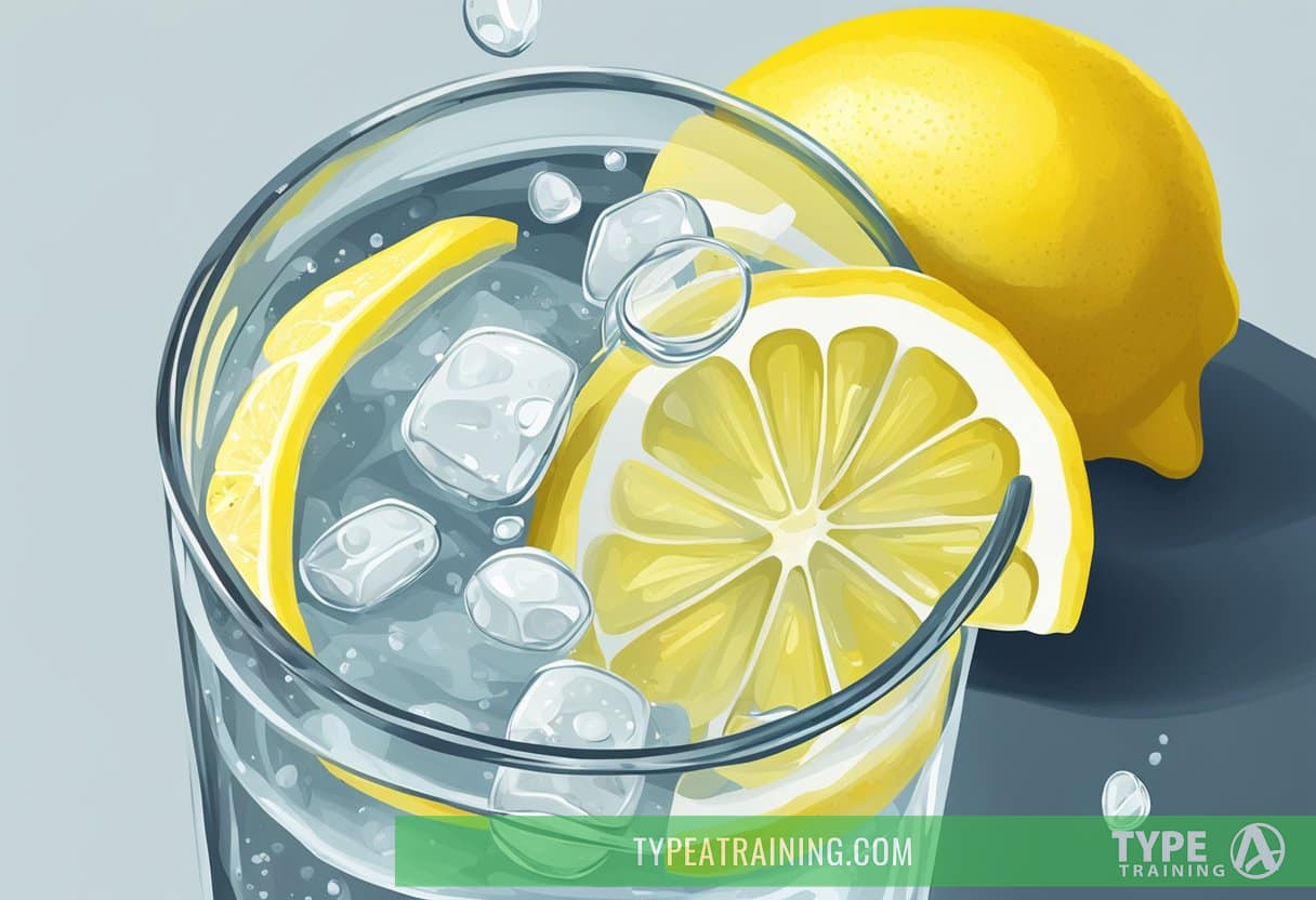 A glass of lemon water with a lemon slice and a sprinkle of potassium