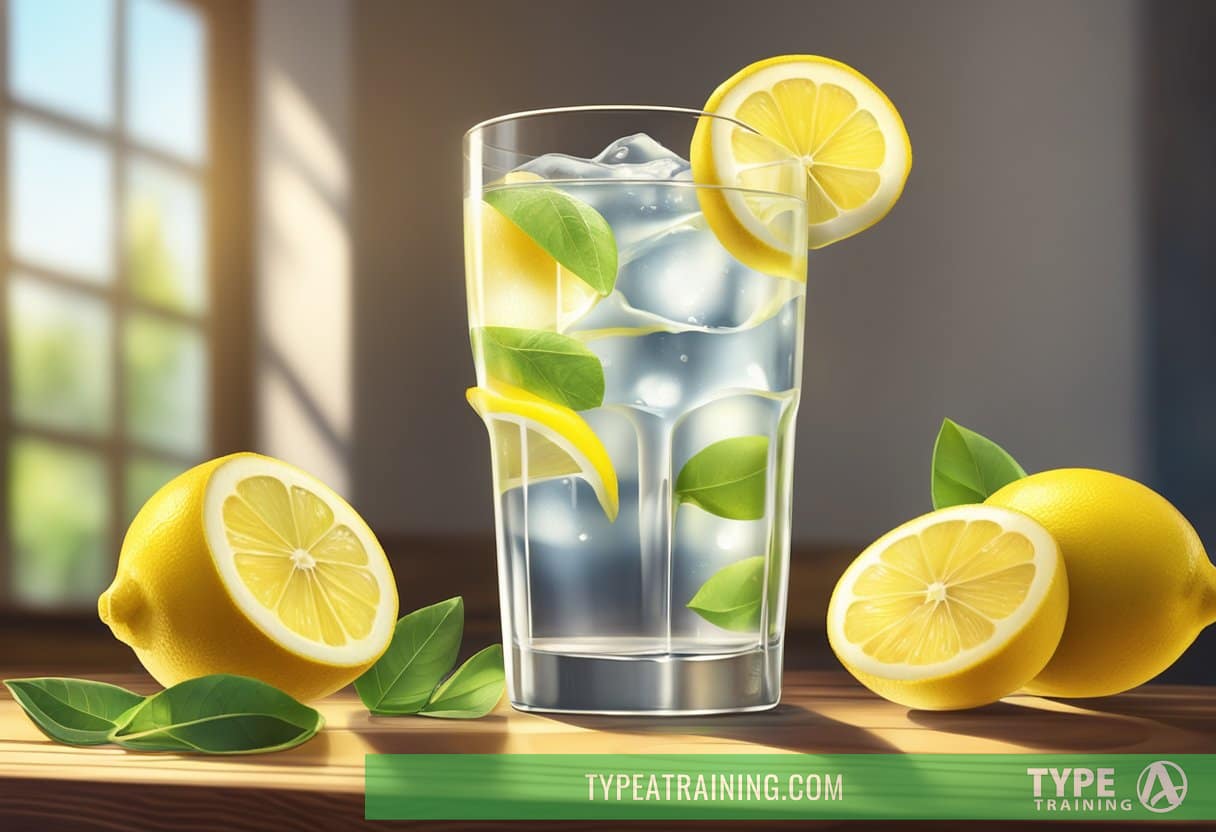 A glass of lemon water sits on a wooden table, with a fresh lemon slice floating in the liquid. The sunlight streams in, casting a warm glow on the scene