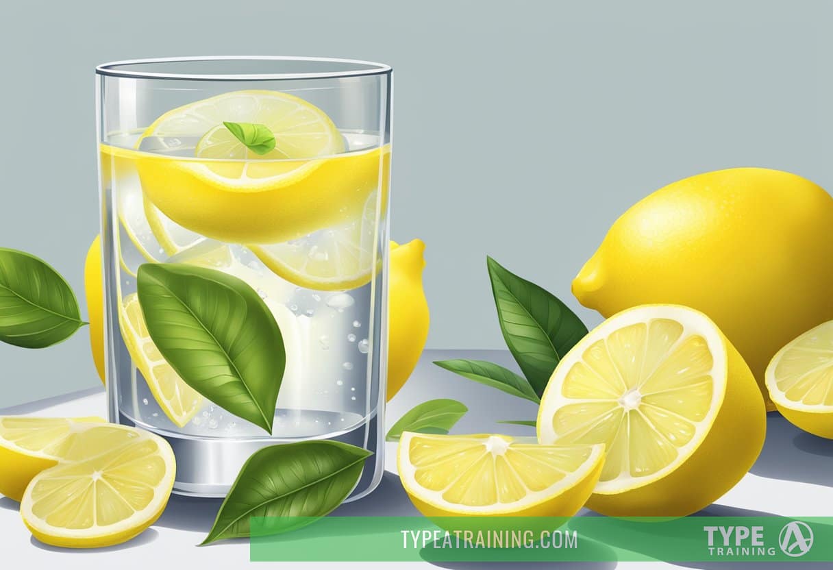 A glass of lemon water surrounded by fresh lemons and a youthful, glowing complexion
