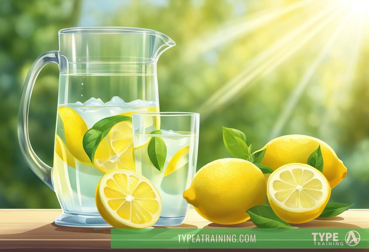 A glass of lemon water sits on a table, surrounded by fresh lemons and a pitcher of water. The sunlight streams in, highlighting the refreshing drink