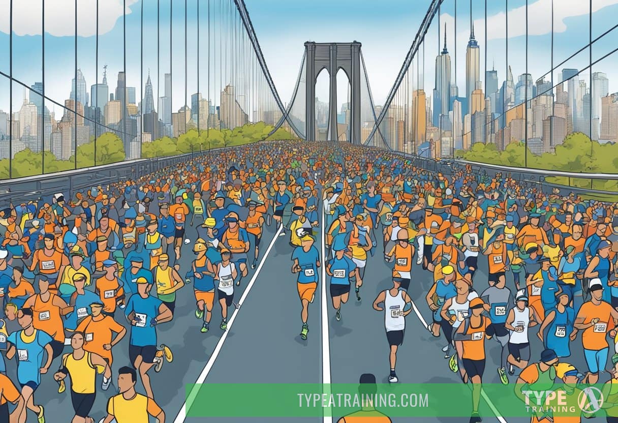 Runners crossing the iconic Verrazano-Narrows Bridge, surrounded by cheering crowds and city skyline, symbolizing the history and significance of the NYC Marathon