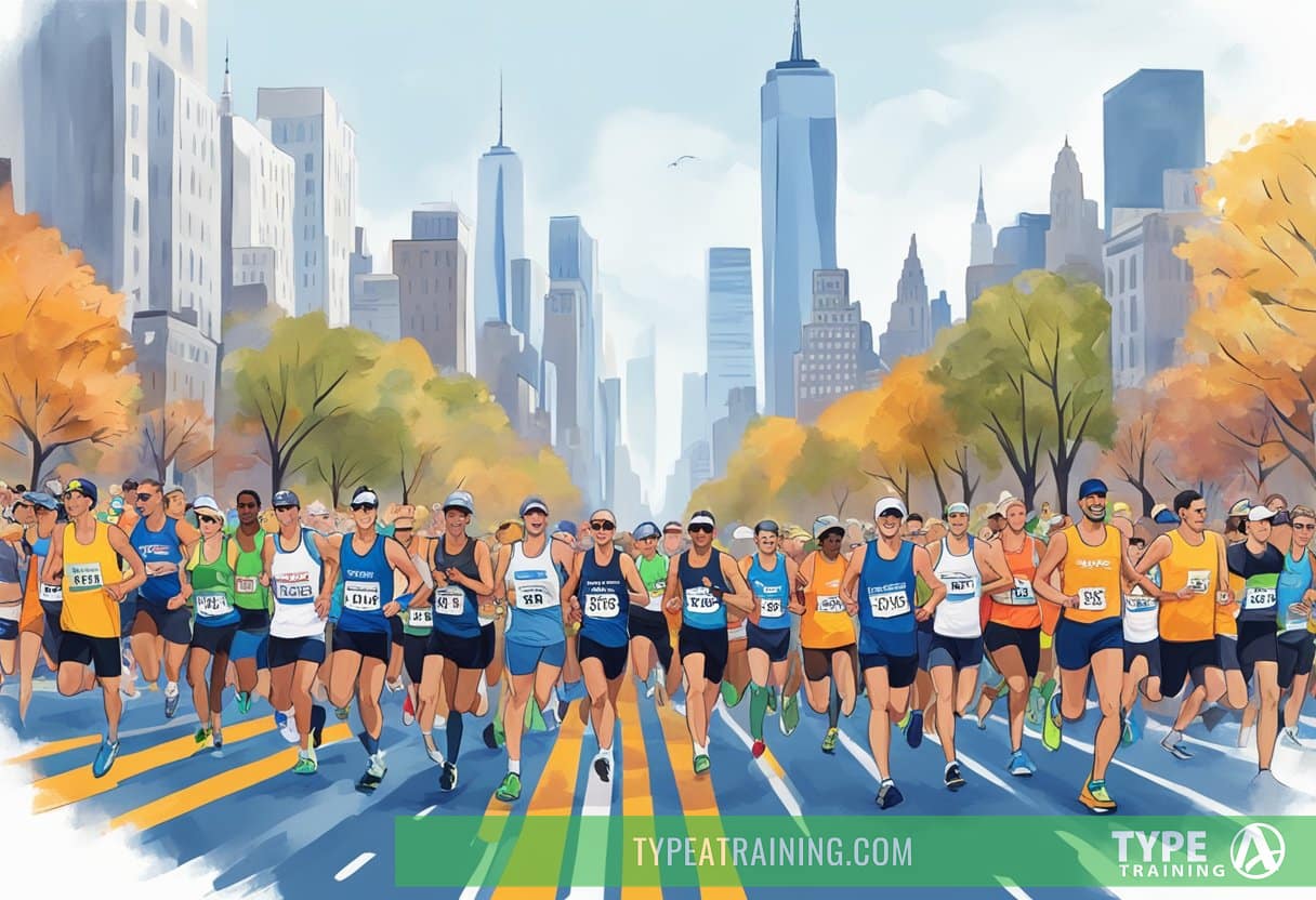 Runners crossing the finish line at the New York City Marathon, with cheering spectators and a city skyline in the background