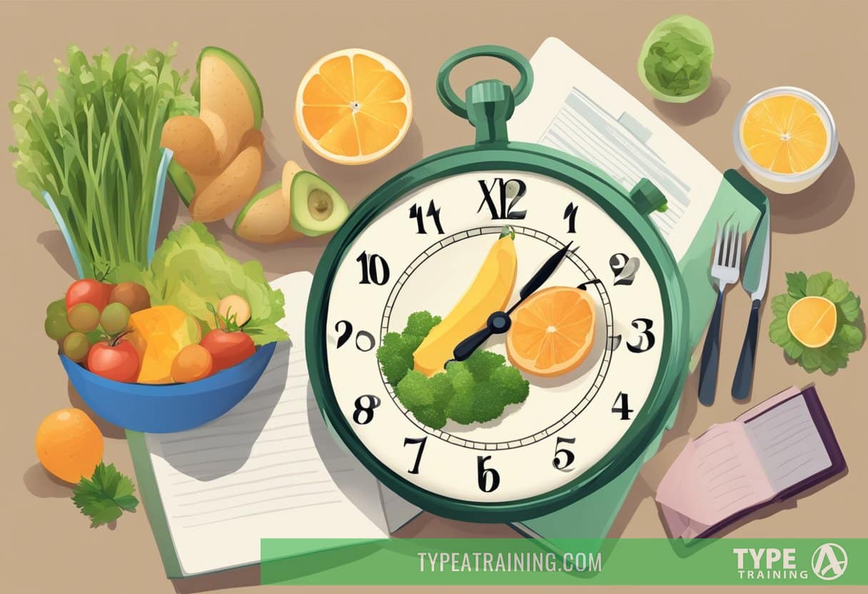 A table with a spread of healthy foods, a clock showing fasting time, and a book on autophagy