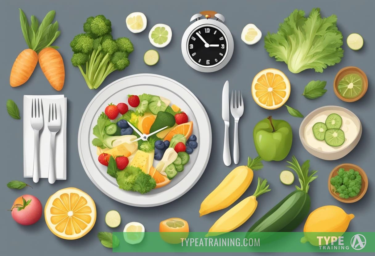A table set with various healthy foods and a clock showing a specific fasting time