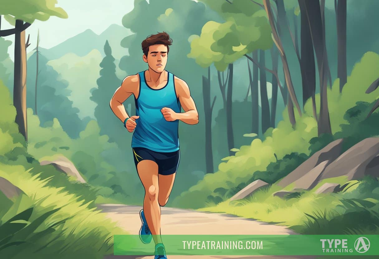 A runner on a trail, breathing heavily, with a determined expression, while checking their heart rate monitor