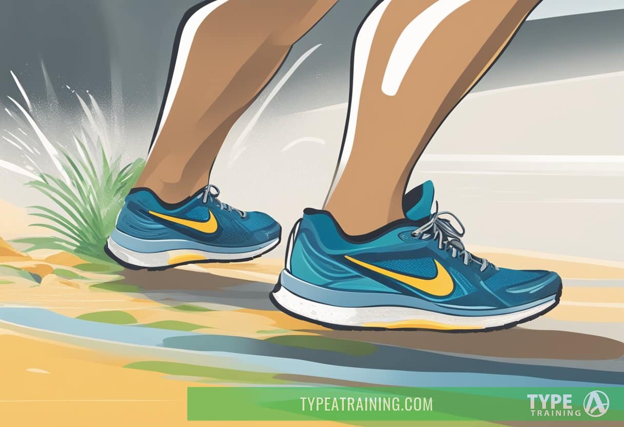 A runner's feet pounding on a trail, sweat dripping down their face, as they gauge their exertion level using the RPE scale