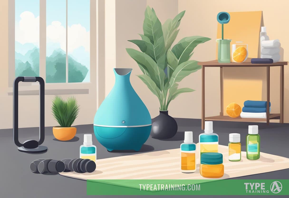 A diffuser emits essential oils in a gym setting, with equipment and towels scattered around, creating a calming post-workout atmosphere