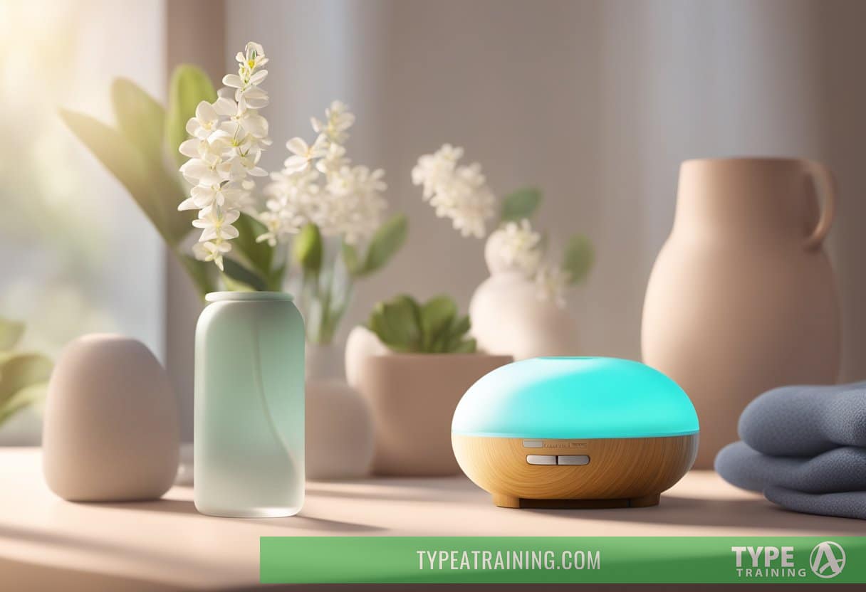 A diffuser releasing essential oils in a serene post-workout setting, with soft lighting and calming colors
