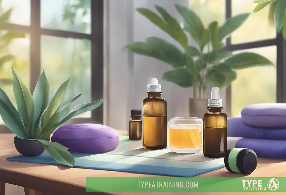 A serene setting with essential oils and diffusers placed on a table, surrounded by workout equipment. Soft lighting enhances the calming atmosphere, inviting relaxation and recovery