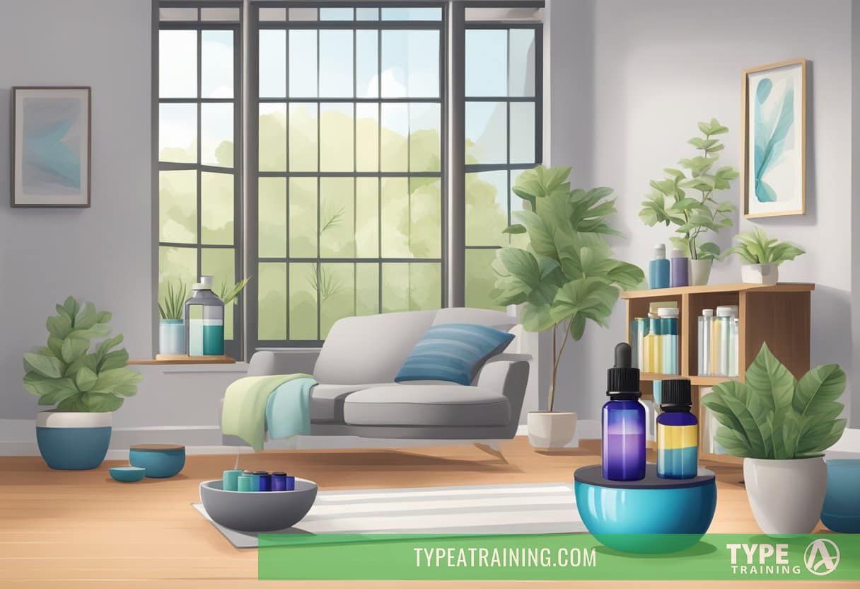 A serene post-workout setting with essential oils and diffusers, emphasizing a focus on dietary considerations for enhanced recovery