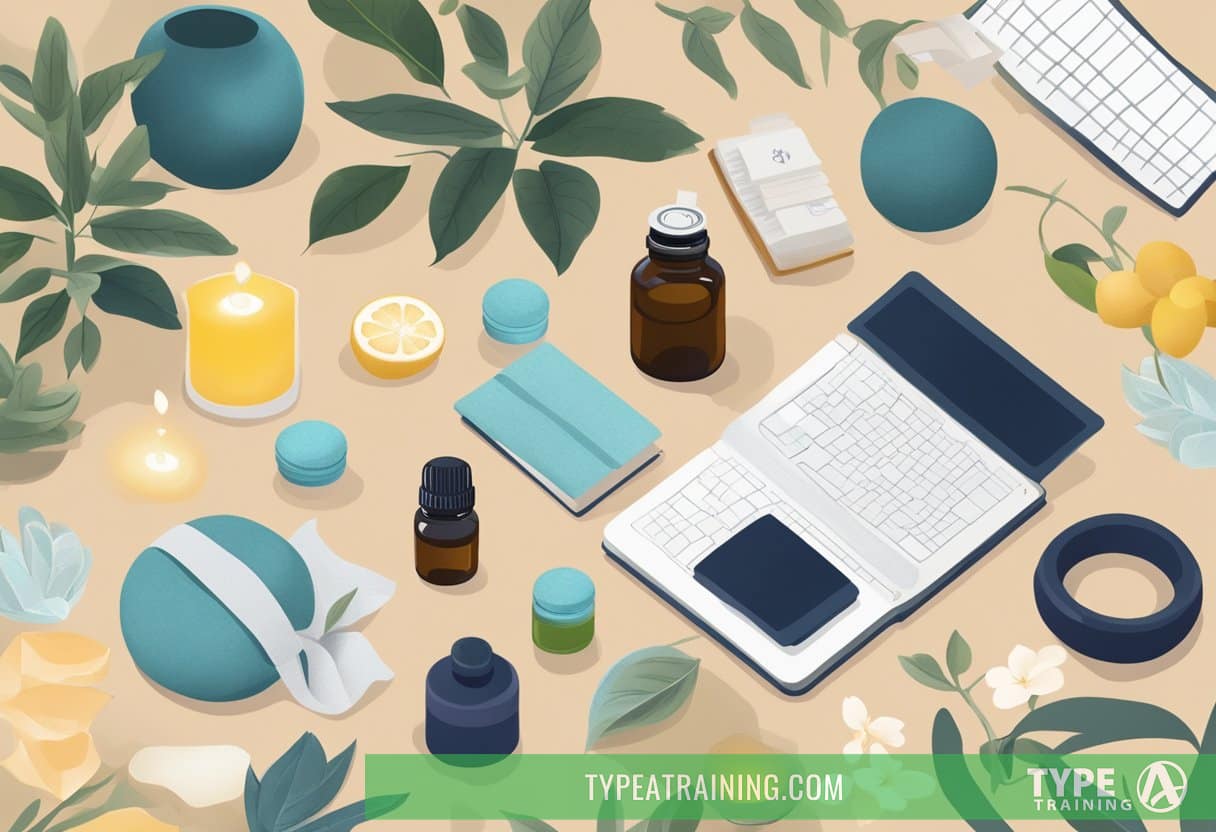 A serene setting with essential oils and diffusers, surrounded by post-workout recovery resources