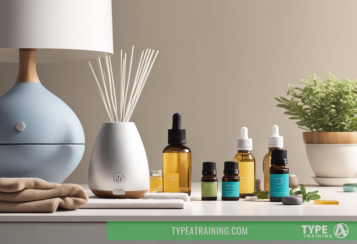 A diffuser sits on a clean, clutter-free surface surrounded by various essential oil bottles. A towel and water bottle suggest a post-workout setting. The room is well-lit and inviting
