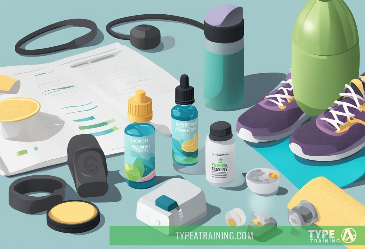 A diffuser emitting essential oils surrounded by workout equipment and a water bottle, with a post-workout recovery guide open nearby