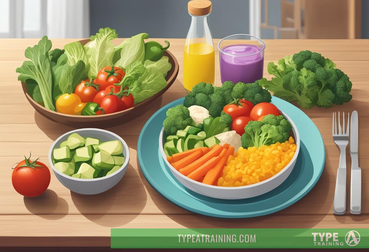 A colorful plate filled with low-carb vegetables, healthy fats, and lean protein sits on a wooden table. A Keto cookbook and measuring cups are nearby