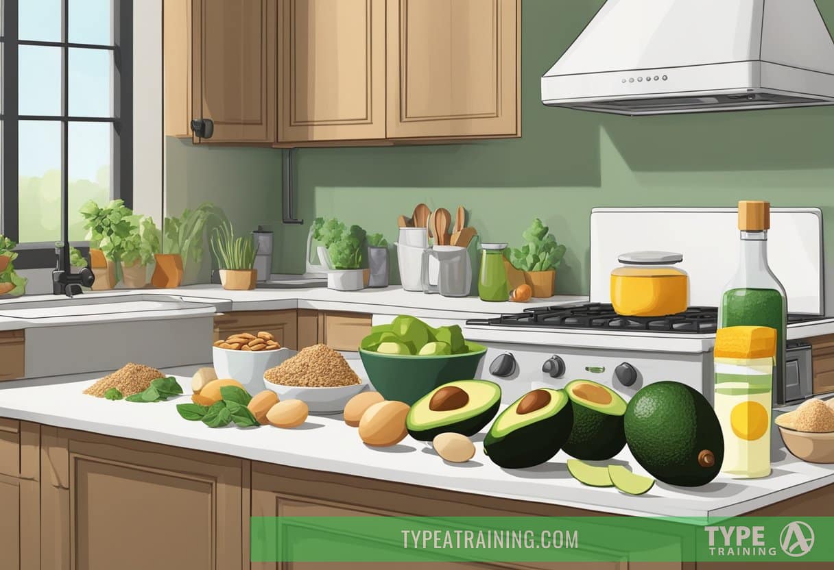 A kitchen counter with a variety of low-carb, high-fat foods such as avocados, eggs, and nuts. A cookbook open to a keto recipe