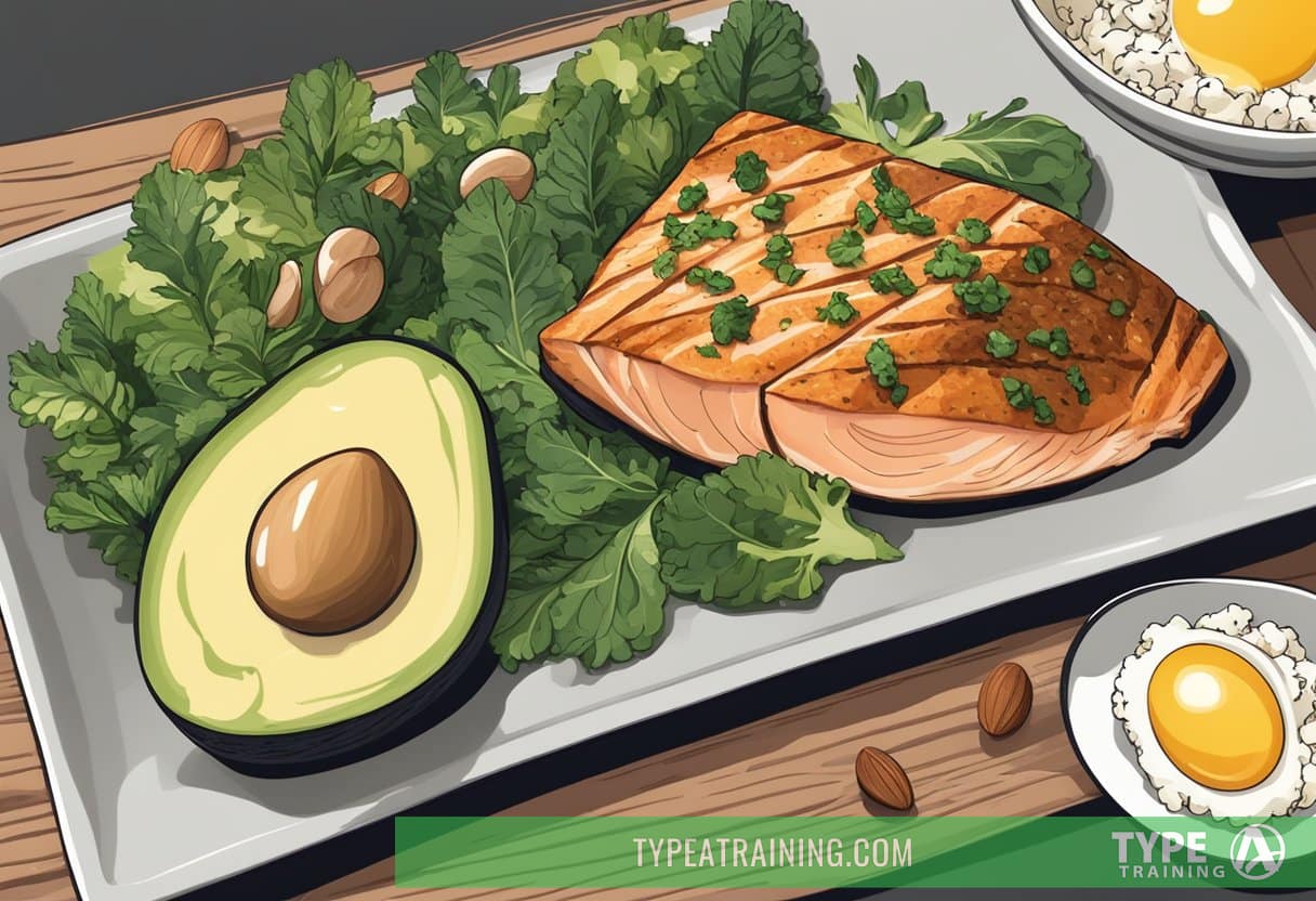 A table filled with avocados, eggs, leafy greens, and nuts. A plate with grilled salmon and a side of cauliflower rice. A keto-friendly meal