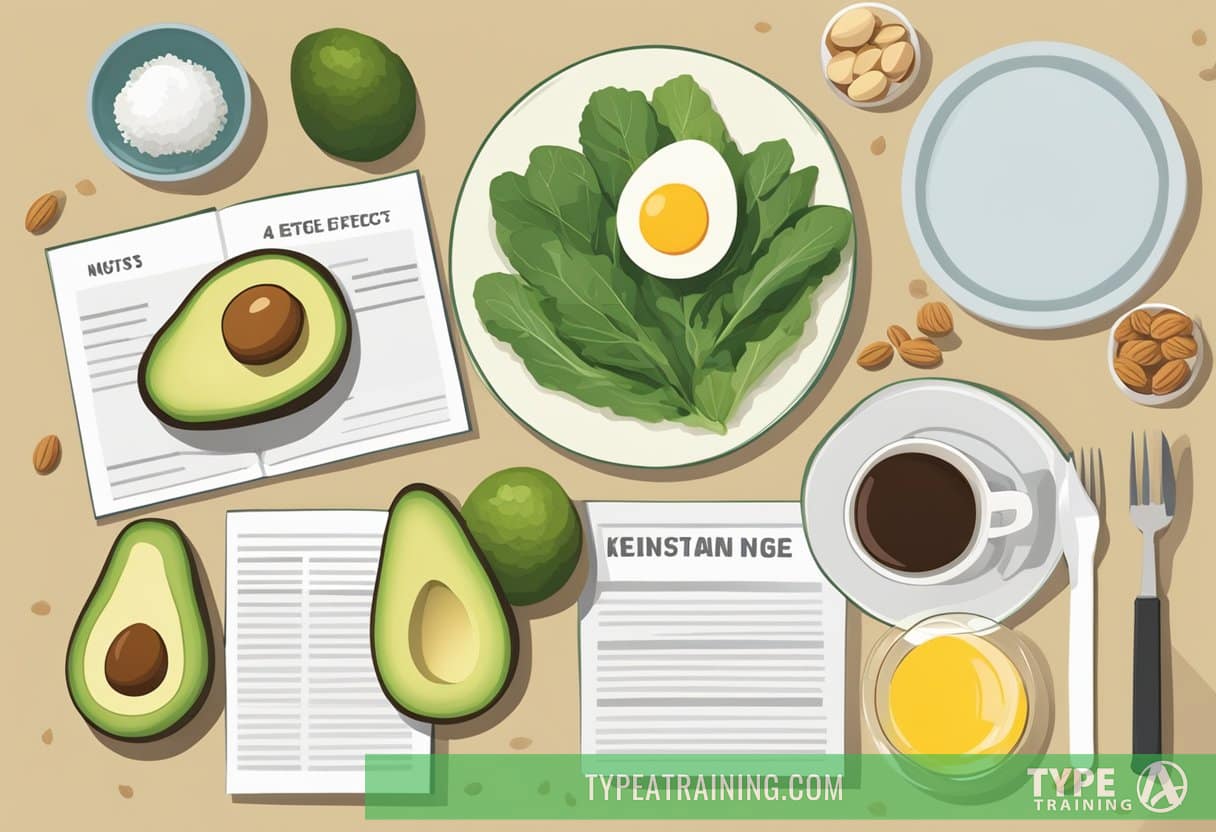 A table with various food items: avocado, nuts, eggs, and leafy greens. A pamphlet titled "Potential Side Effects and How to Mitigate Them: What Is the Ketogenic Diet?" is placed next to the food