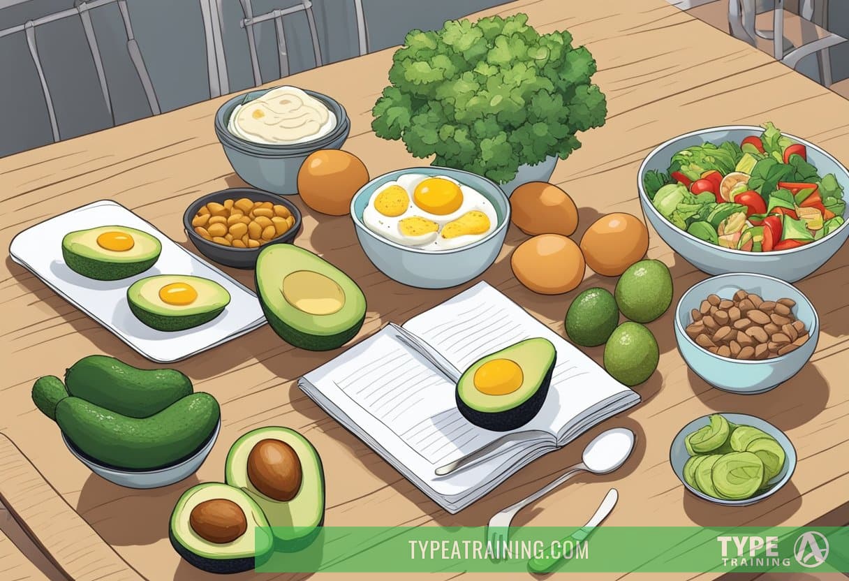 A kitchen table with low-carb, high-fat foods like avocados, eggs, and vegetables. A person's meal plan and a keto cookbook are laid out