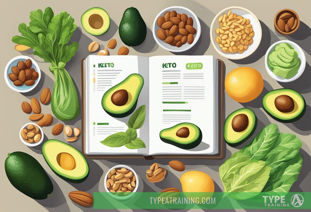 A colorful array of low-carb, high-fat foods like avocados, nuts, and leafy greens, with a guidebook open to the Keto Diet principles