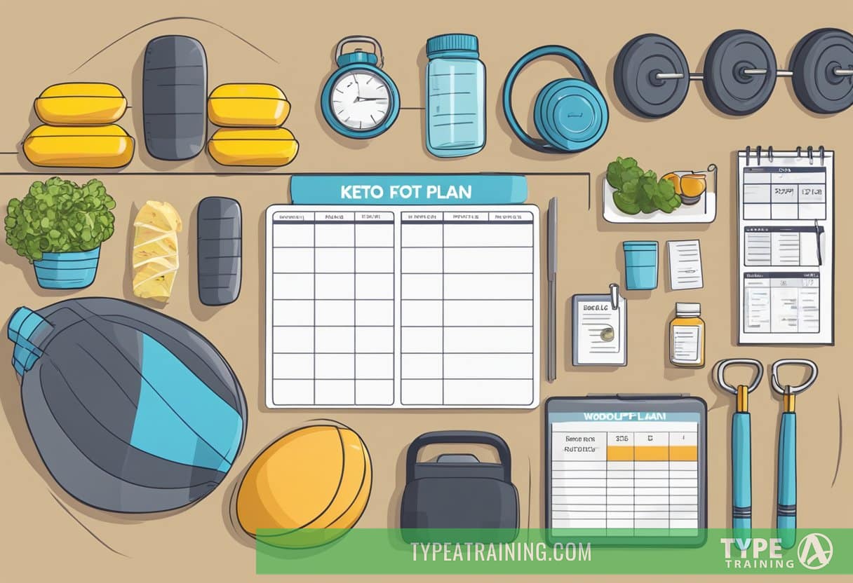 A gym with various workout equipment arranged neatly, a keto meal plan on a nearby table, and a schedule pinned to the wall