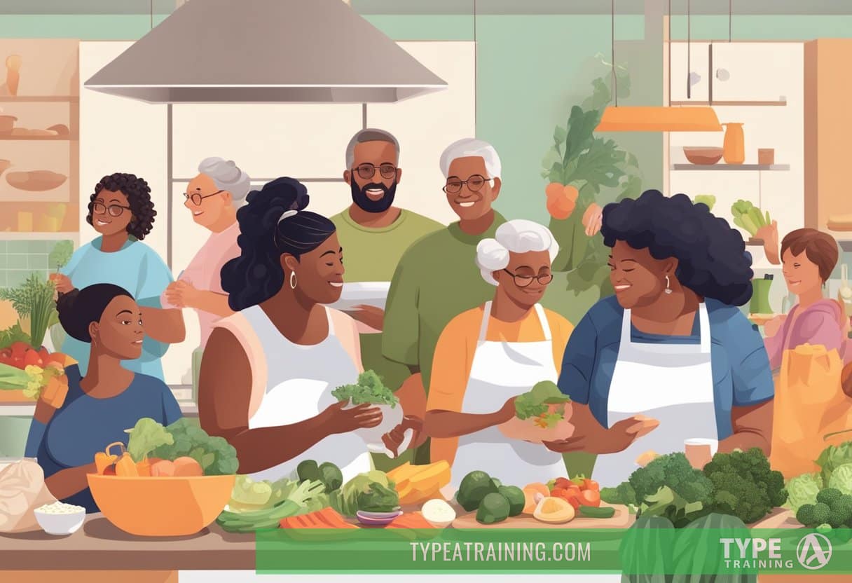 A diverse group of people of different ages and backgrounds, all engaged in various activities such as cooking, exercising, and grocery shopping, while following the principles of the keto diet
