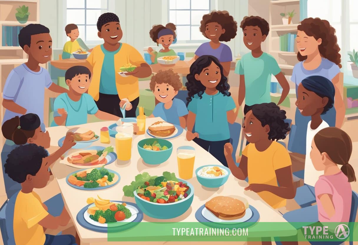 A diverse group of children and adolescents engage in various activities while following a ketogenic diet. Different demographics are represented, showcasing the diet's versatility and accessibility