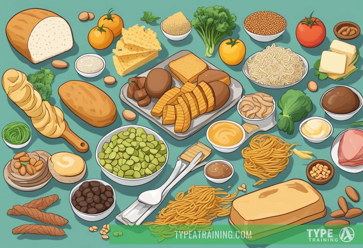 Various high-carb foods like bread, pasta, and sugary treats placed next to keto-friendly options like vegetables, meat, and healthy fats