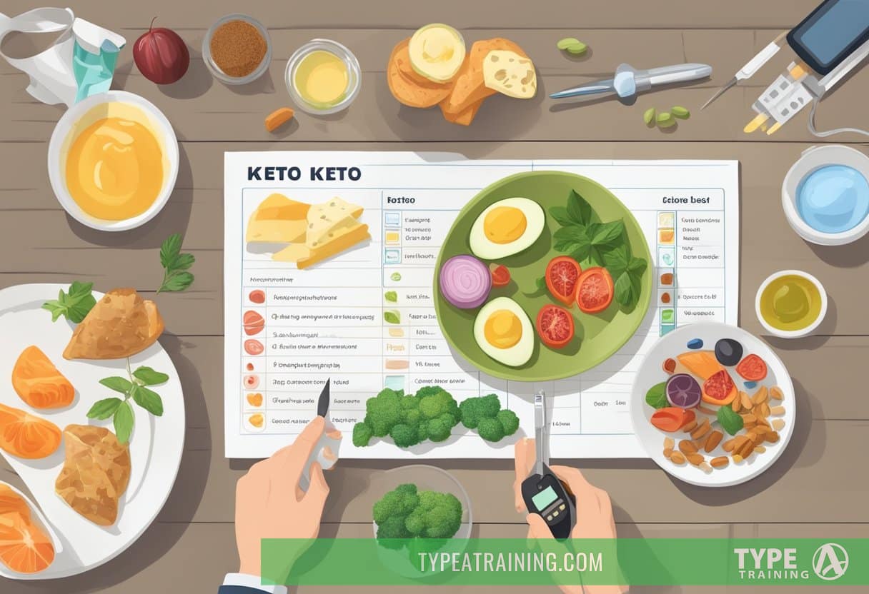 A table with various keto-friendly foods and a list of common mistakes. A person measuring ketone levels with a blood test kit