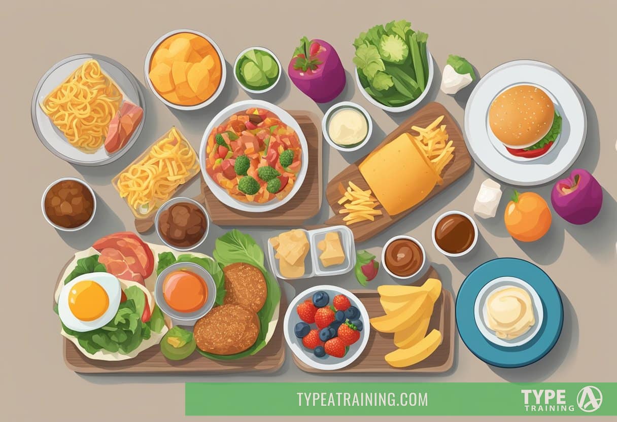 A table with unhealthy food choices like sugary snacks, processed foods, and high-carb items. A separate table with keto-friendly foods like lean meats, vegetables, and healthy fats