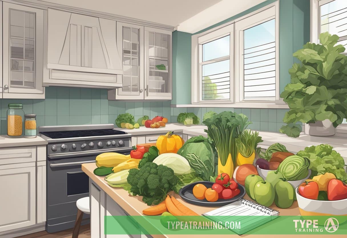A kitchen counter with a variety of food items, including fruits, vegetables, and lean proteins. A meal plan calendar and keto-friendly recipe book are open nearby