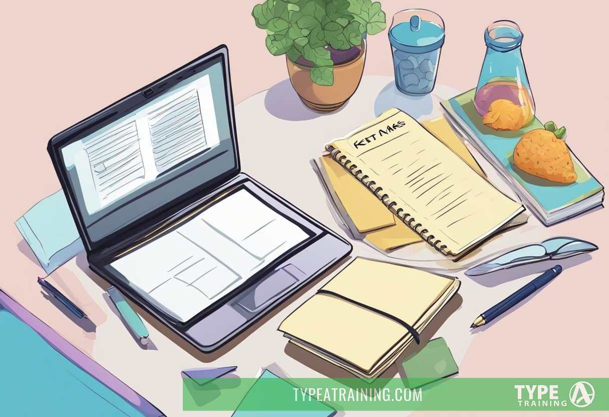 A table with a laptop, keto recipe book, and a list of common mistakes. A thought bubble with question marks above