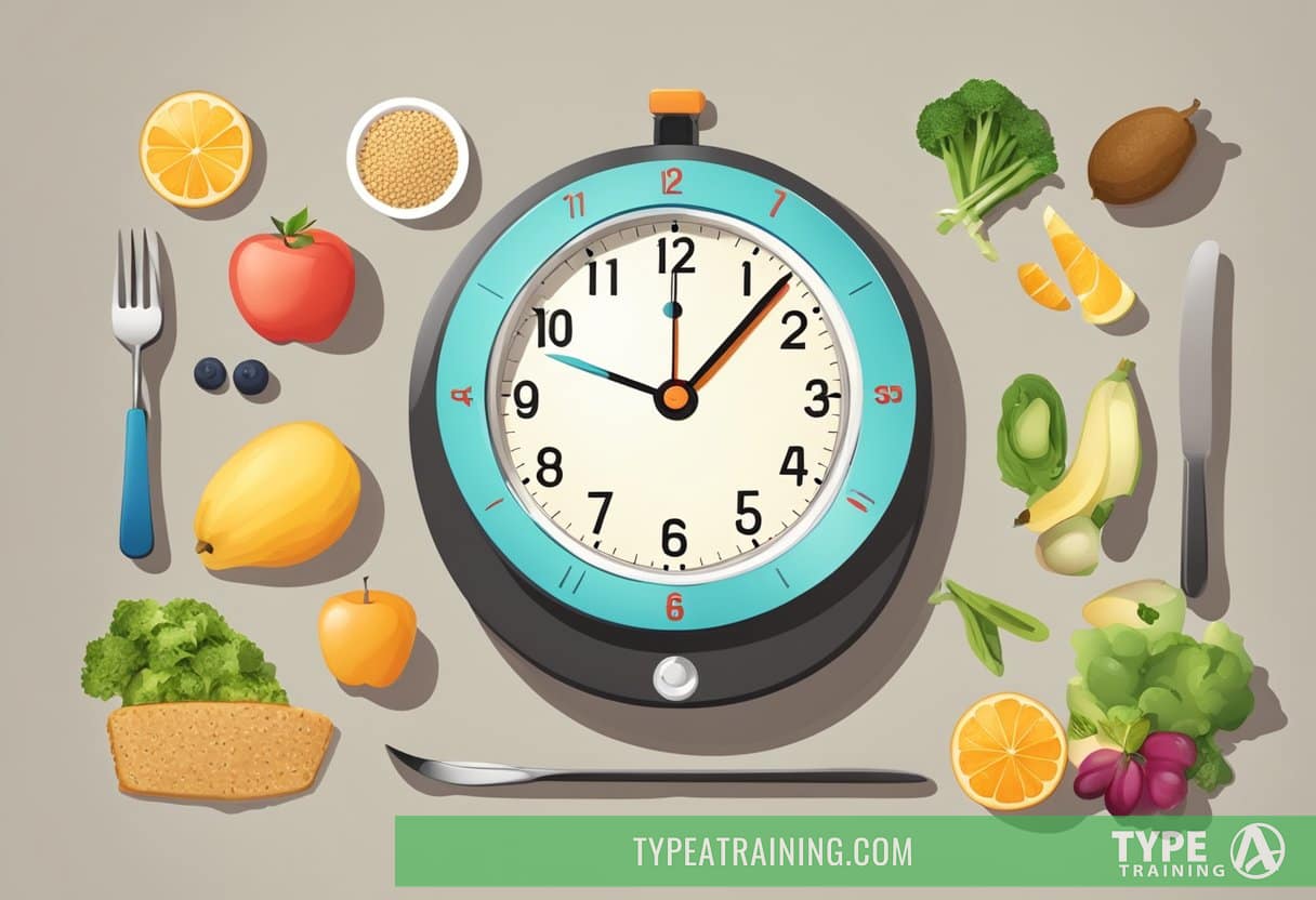 A clock showing the time intervals of fasting and eating, surrounded by healthy food options and a scale showing weight loss progress