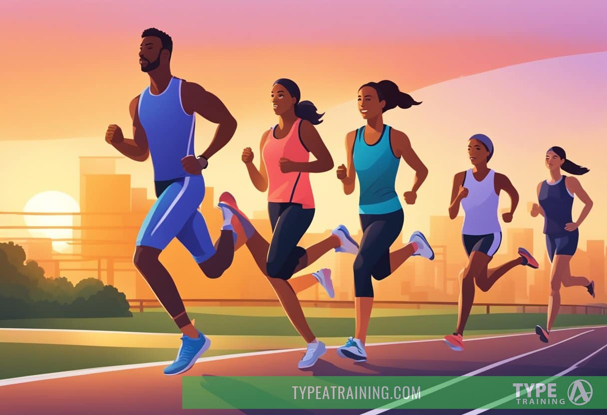 Busy professionals engage in interval training: sprinting, jogging, and walking on a track. The sun sets in the background, casting a warm glow over the scene