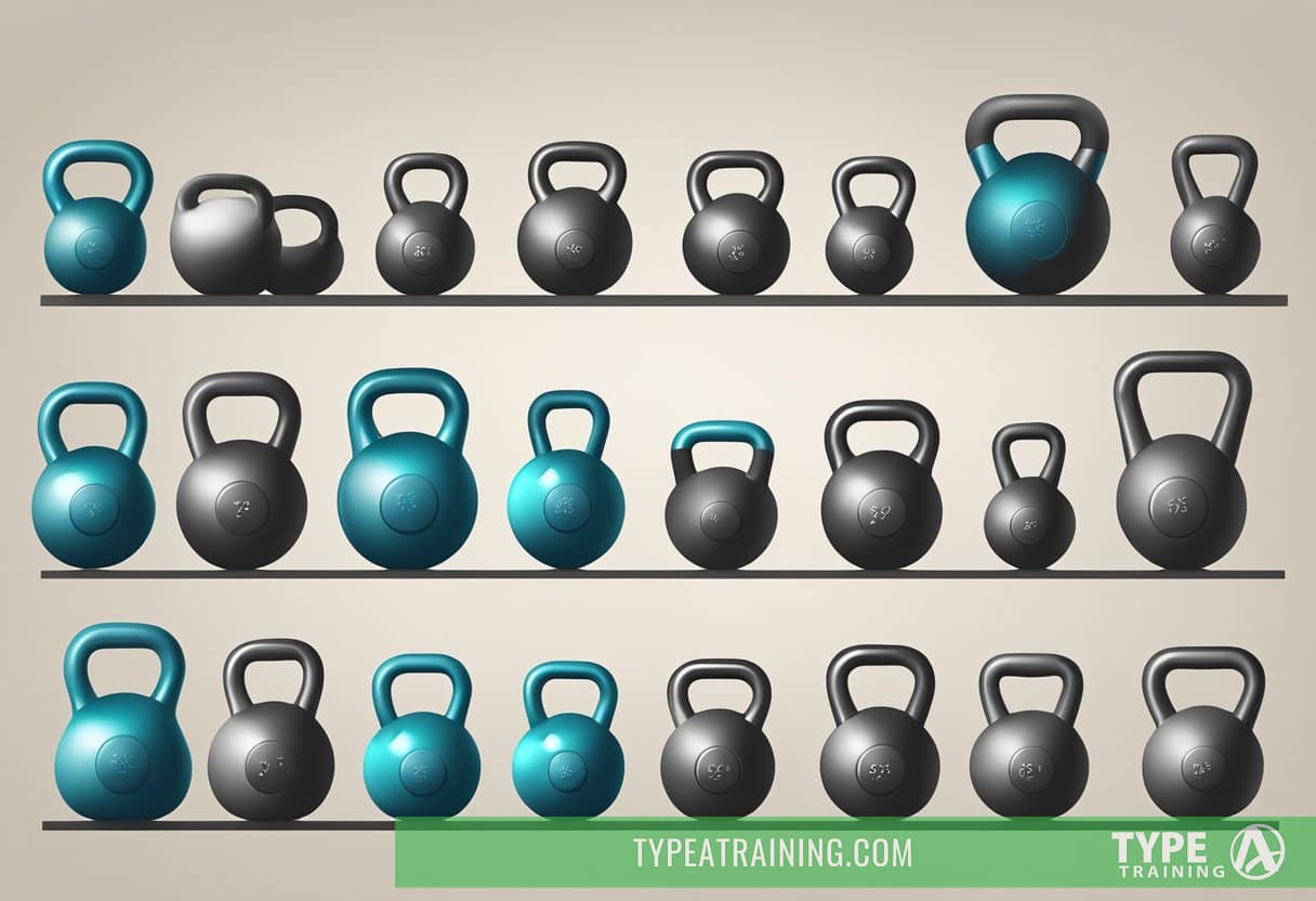Kettlebells of various weights arranged on a gym floor. Illustrate a circuit of 10 fundamental movements, such as swings and squats, with proper form