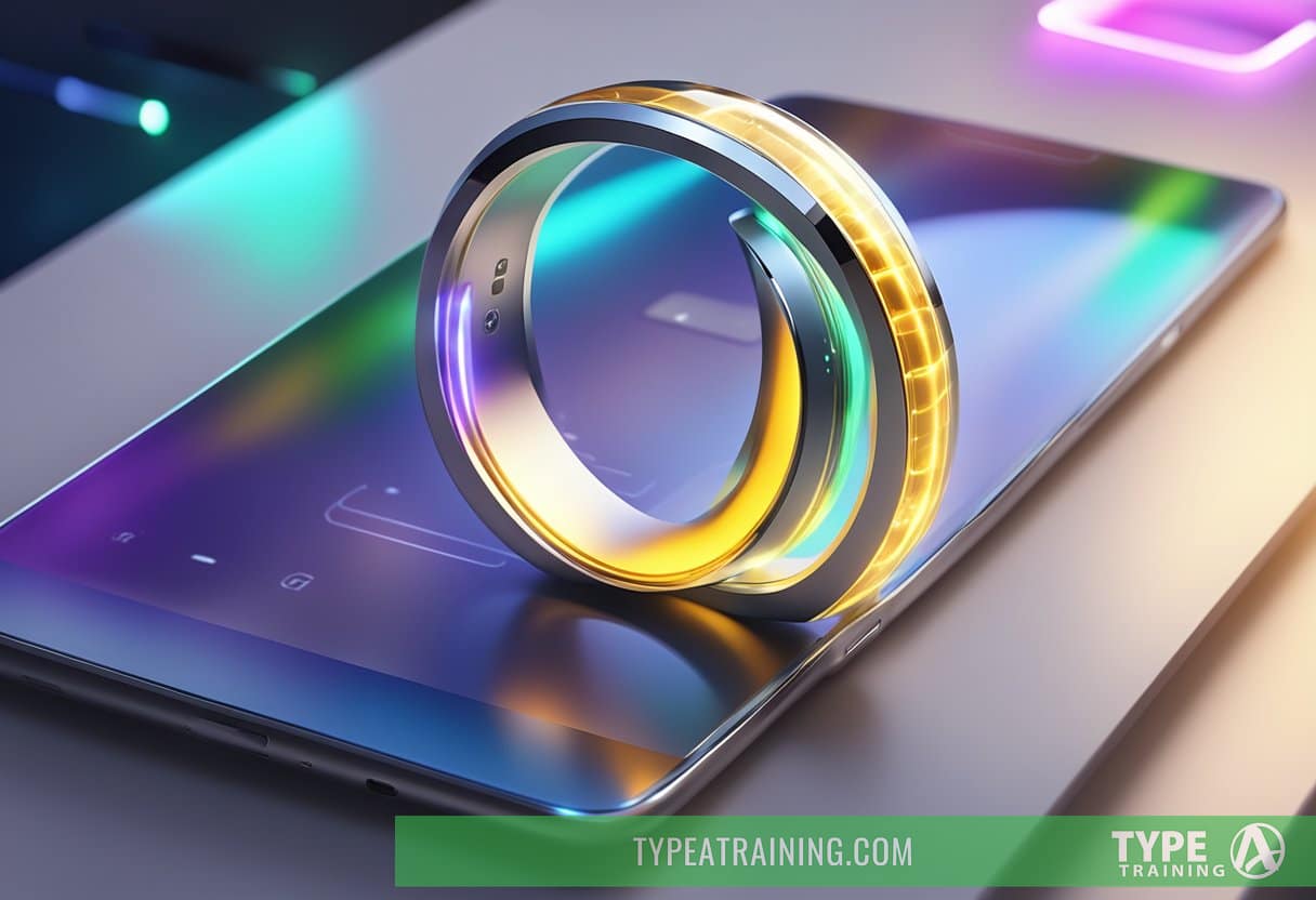 A smart ring on a table, glowing with a soft light, surrounded by futuristic technology