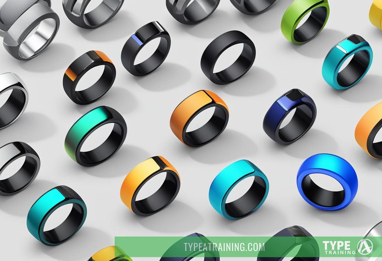 A smart ring displayed in a modern market setting, surrounded by various consumer options